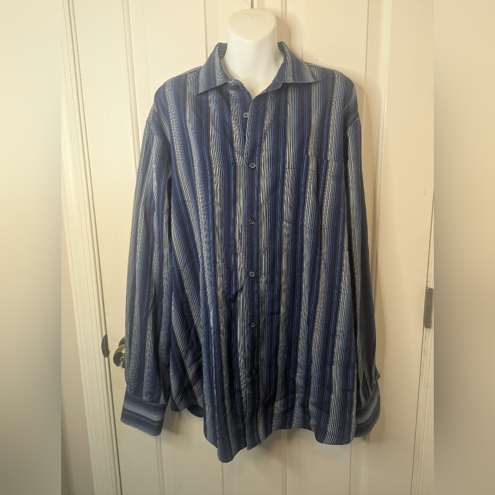 Bugatchi Uomo Blue/White/Gray Striped Classic Fit Dress Shirt, Size XL